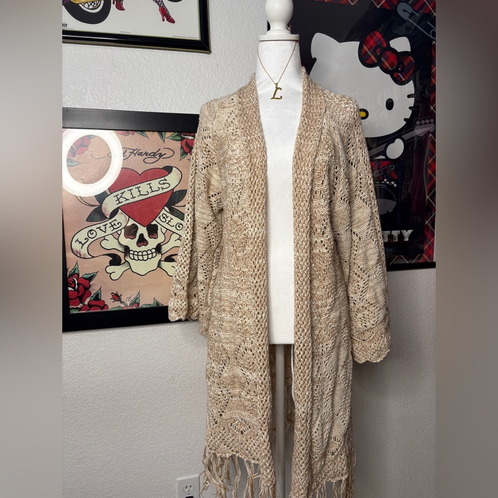 Roxy Cream & Tan Crochet Knit Cardigan with Fringe - Picture 1 of 7